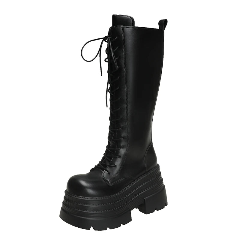 New Autumn Knee High Boots Women Chunky Leather Long Boots Woman High Heels Punk Shoes Winter 9CM Platform Motorcycle Booties